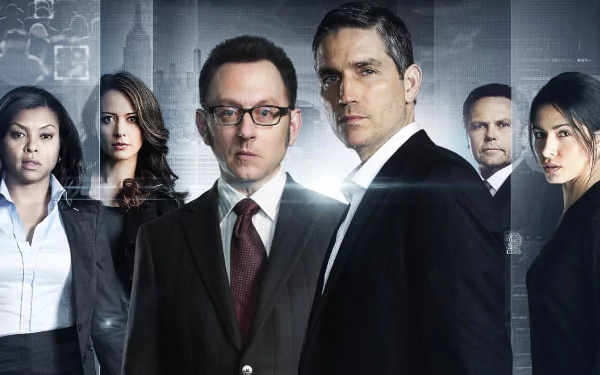 HD desktop wallpaper featuring Kevin Chapman, Amy Acker, Jim Caviezel, and Michael Emerson from the TV show Person Of Interest.
