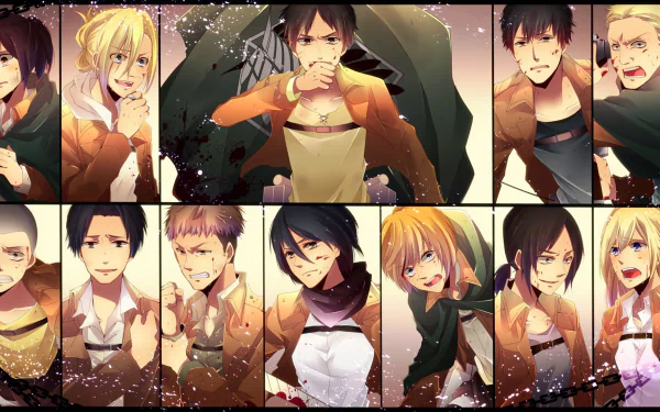 A vibrant HD wallpaper featuring characters from Attack on Titan, including Sasha Blouse, Reiner Braun, Mikasa Ackerman, Eren Yeager, and more, showcasing their distinct expressions and personalities.