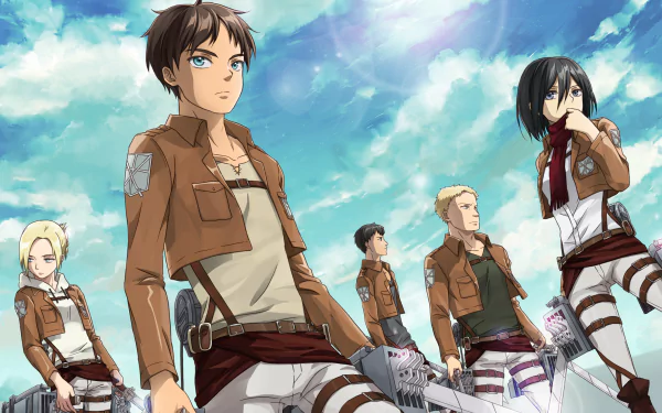 HD PC desktop wallpaper featuring Reiner Braun, Mikasa Ackerman, Eren Yeager, Bertholdt Hoover, and Annie Leonhart from the anime Attack on Titan.