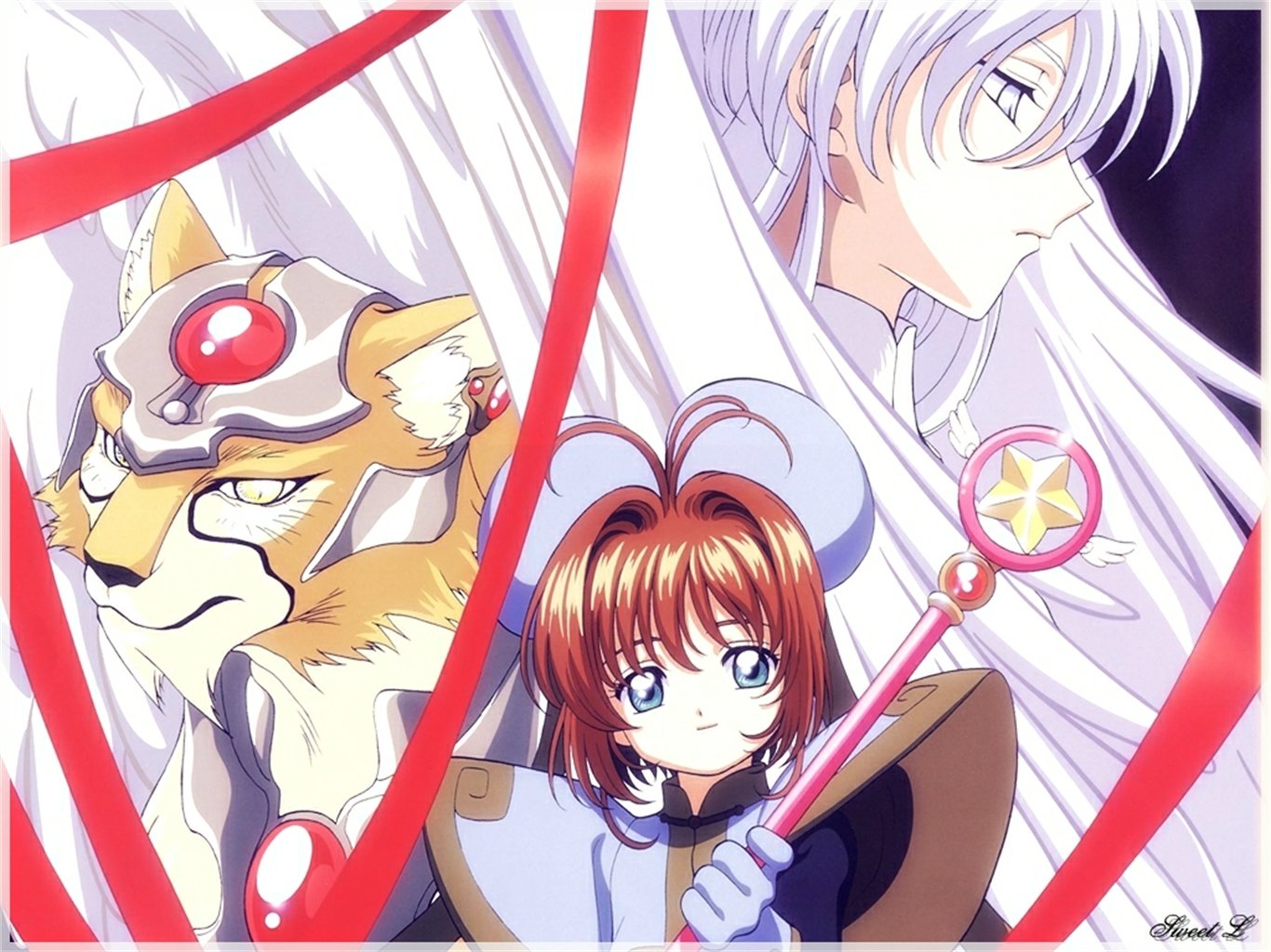 A vibrant HD desktop wallpaper featuring characters from Cardcaptor Sakura, showcasing Sakura with her magical staff alongside a mythical lion and a mysterious figure.