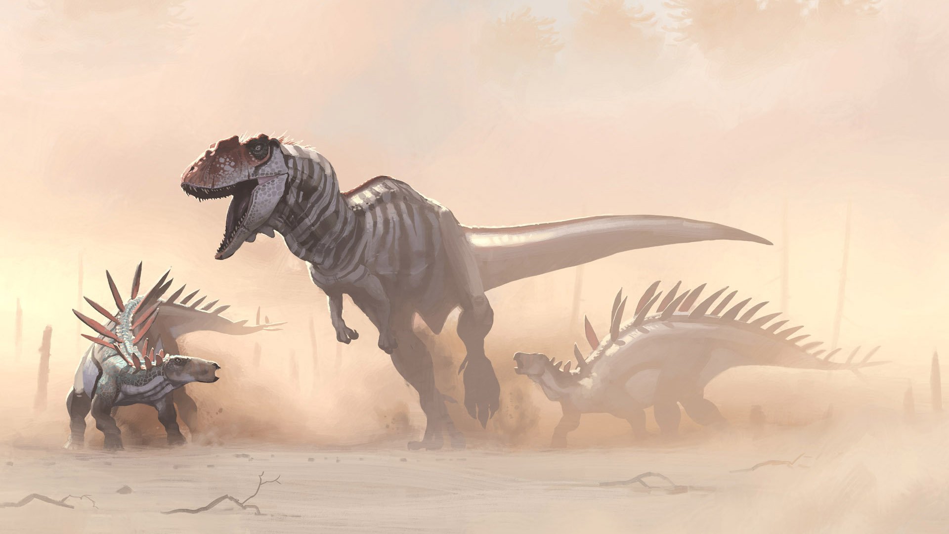 A stunning HD desktop wallpaper featuring a dynamic scene of dinosaurs, showcasing a powerful T-Rex alongside spiked creatures in a dusty, prehistoric landscape.