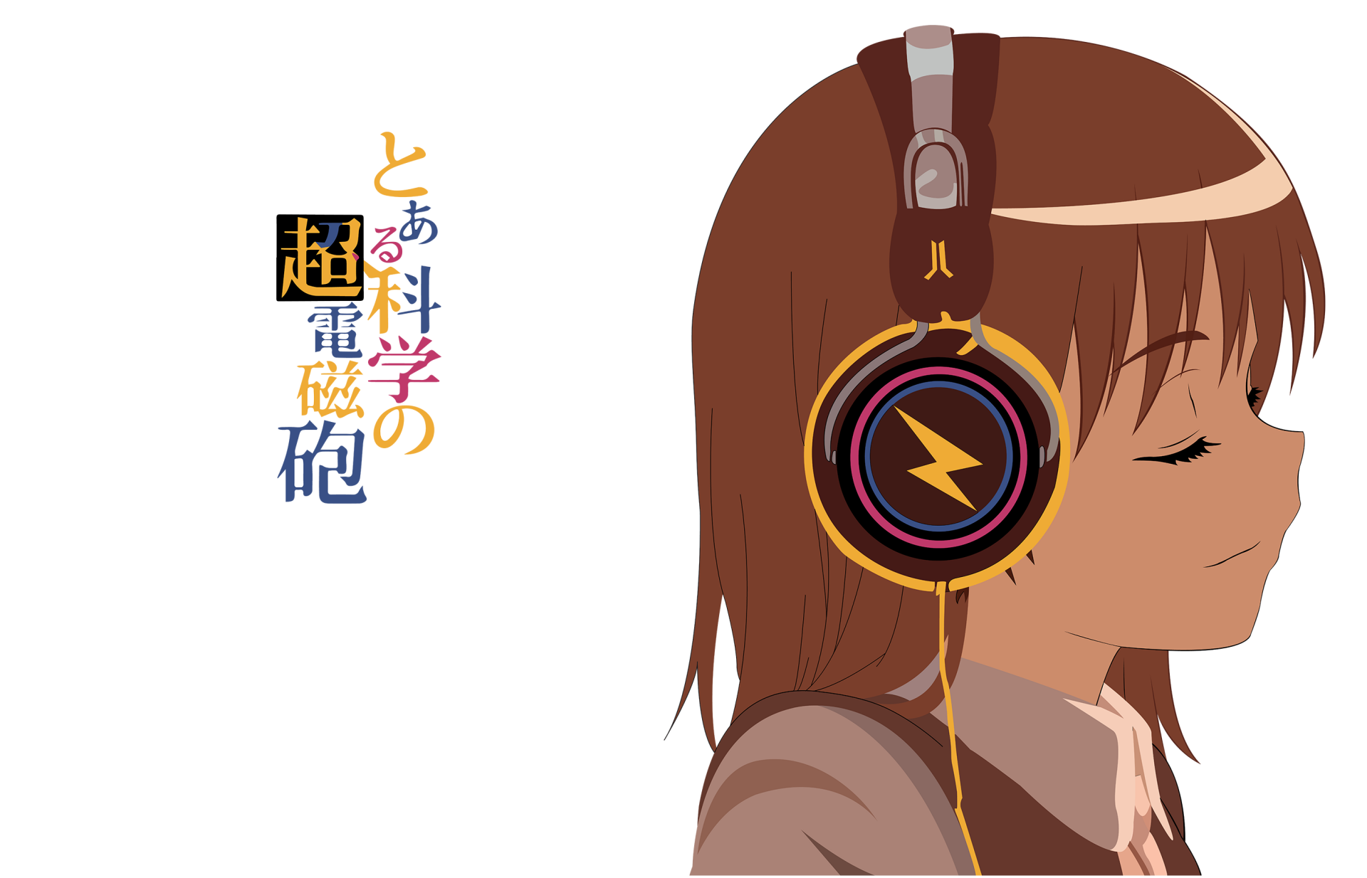 HD PC desktop wallpaper featuring Mikoto Misaka from the anime A Certain Scientific Railgun, depicted with her eyes closed and wearing headphones.