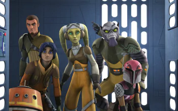 HD PC desktop wallpaper featuring Ezra Bridger and the crew from the TV show Star Wars Rebels — Kanan, Hera, Zeb, Sabine and droid Chopper standing in a ship corridor.