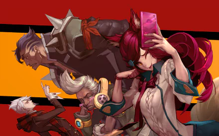 High-definition wallpaper featuring League of Legends characters: Ekko, Vladimir, Darius, and Ahri, set against a bold red and yellow background.