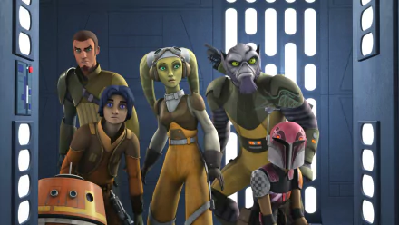 HD PC desktop wallpaper featuring Ezra Bridger and the crew from the TV show Star Wars Rebels — Kanan, Hera, Zeb, Sabine and droid Chopper standing in a ship corridor.