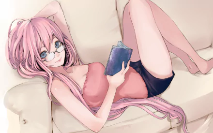 HD anime desktop wallpaper featuring Luka Megurine from Vocaloid, lounging with glasses and holding a book on a light-colored sofa.
