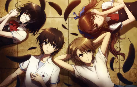 HD desktop wallpaper featuring anime characters Izumi Akazawa, Naoya Teshigawara, Kouichi Sakakibara, and Mei Misaki from Another, lying on a tiled floor with scattered black feathers.