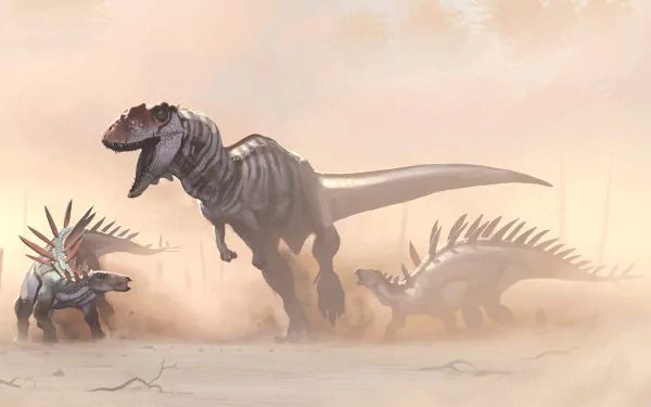 A stunning HD desktop wallpaper featuring a dynamic scene of dinosaurs, showcasing a powerful T-Rex alongside spiked creatures in a dusty, prehistoric landscape.