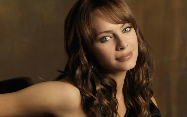 HD PC desktop wallpaper featuring a close-up portrait of celebrity Melinda Clarke against a warm brown background.