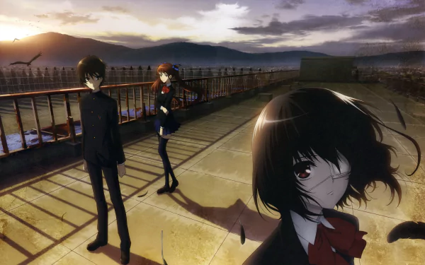 HD anime wallpaper featuring Izumi Akazawa, Kouichi Sakakibara, and Mei Misaki from Another, set against a dramatic sunset backdrop on a rooftop, capturing a mysterious and eerie atmosphere.