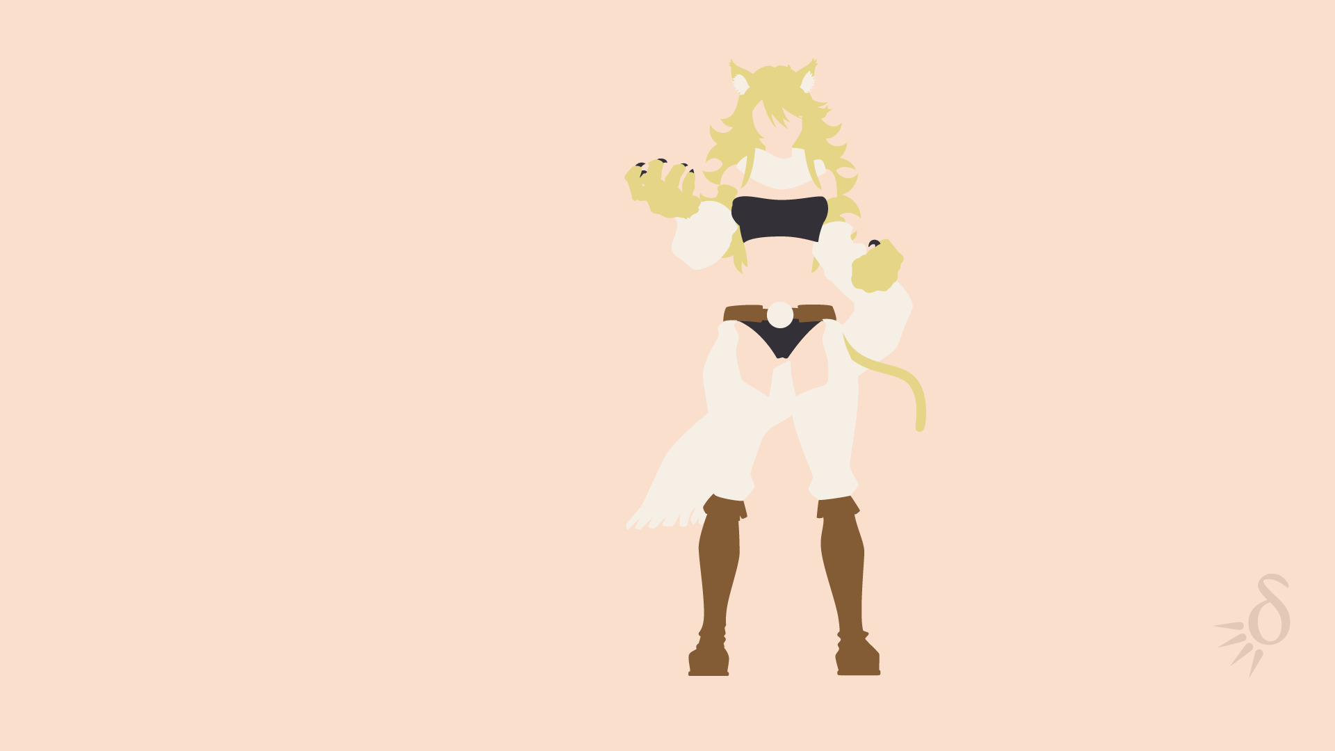 Minimalist anime wallpaper featuring Leone from Akame ga Kill! showcasing her long blonde hair, animal ears, and tail, dressed in boots and a stylish outfit on a soft background.