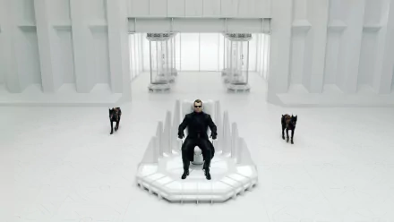 HD PC desktop wallpaper featuring a scene from the movie Resident Evil: Afterlife, showcasing a central figure seated with two dogs in a stark, futuristic white setting.