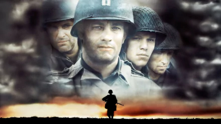A dramatic wallpaper featuring iconic scenes from Saving Private Ryan, showcasing Matt Damon and Tom Hanks alongside fellow soldiers in a wartime setting.
