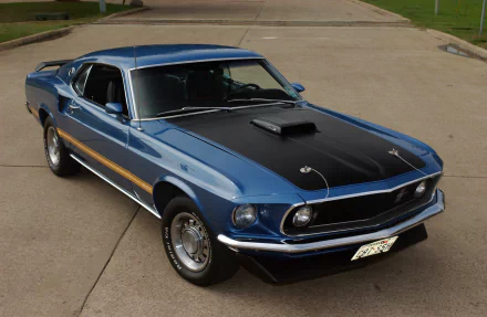 Blue Ford Mustang Mach 1 fastback muscle car with black hood scoop, parked on pavement — 2K Quad HD PC desktop wallpaper/background.