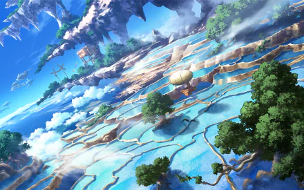 A vibrant fantasy island landscape features lush trees, intricate waterways, and a balloon floating under a bright blue sky. An original anime artwork showcasing breathtaking scenery.