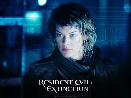Milla Jovovich stars in this HD wallpaper from the movie Resident Evil: Extinction, featuring a dramatic close-up against a digital backdrop.