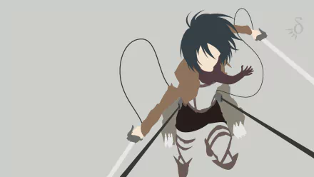 A dynamic HD wallpaper featuring Mikasa Ackerman from the anime Attack on Titan, capturing her in an action pose with dual swords and a determined expression.