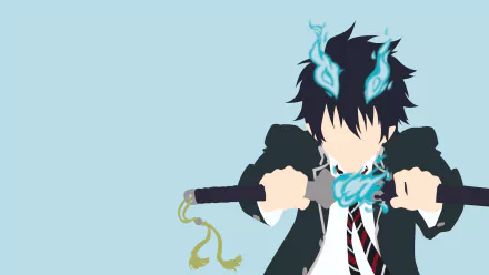 A minimalist HD wallpaper featuring Rin Okumura from Ao No Exorcist, wielding a katana with flames and horns, set against a soft blue background.