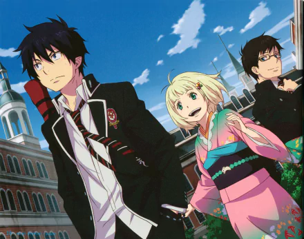 A vibrant HD wallpaper featuring Yukio Okumura, Shiemi Moriyama, and Rin Okumura from Ao No Exorcist with blue and green eyes, set against a bright sky backdrop.