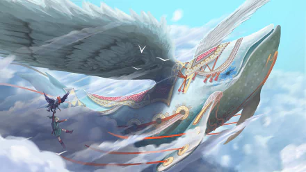 HD PC desktop wallpaper featuring Link from the video game The Legend of Zelda: Link's Awakening, soaring alongside a giant, ornate white bird through a bright sky.