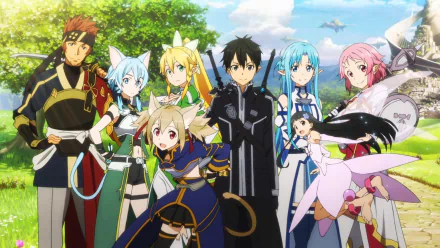 Sword Art Online II HD desktop wallpaper featuring Kirito, Asuna Yuuki, Lisbeth, Yui, Leafa, Silica, Sinon, and Klein in colorful anime attire, standing in a vibrant outdoor setting.