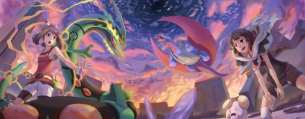 HD desktop wallpaper showing Mega Rayquaza, Mega Salamence, and Whismur from Pokémon: Omega Ruby and Alpha Sapphire, with May and Zinnia in the background during a dramatic, colorful sky scene.
