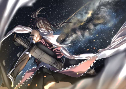 HD anime desktop wallpaper featuring a Kantai Collection character with a large weapon, set against a starry galaxy background with flowing white fabric.