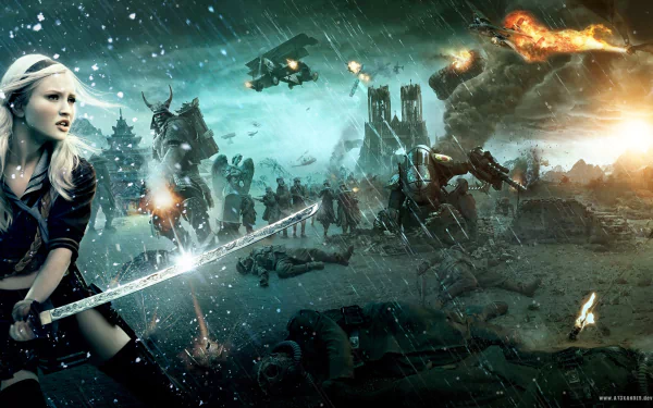 Babydoll from *Sucker Punch*, played by Emily Browning, wields a sword amid a chaotic battle scene, featuring explosions and a desolate landscape in a dramatic HD wallpaper.