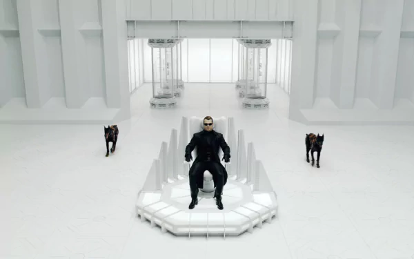 HD PC desktop wallpaper featuring a scene from the movie Resident Evil: Afterlife, showcasing a central figure seated with two dogs in a stark, futuristic white setting.