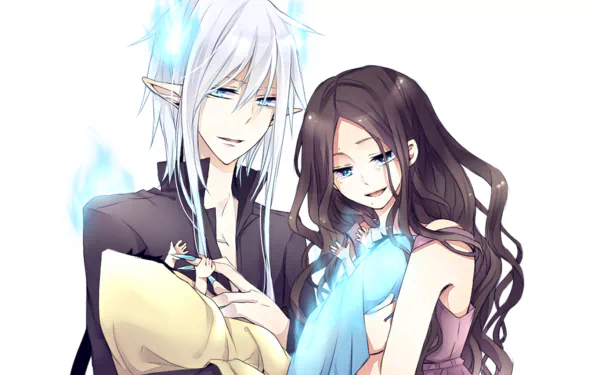 A captivating HD wallpaper featuring Rin Okumura from Ao No Exorcist with a mystical aura, alongside a character with flowing hair, surrounded by ethereal blue flames.