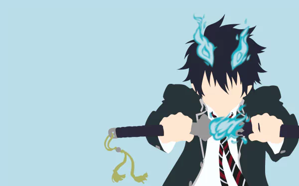 A minimalist HD wallpaper featuring Rin Okumura from Ao No Exorcist, wielding a katana with flames and horns, set against a soft blue background.