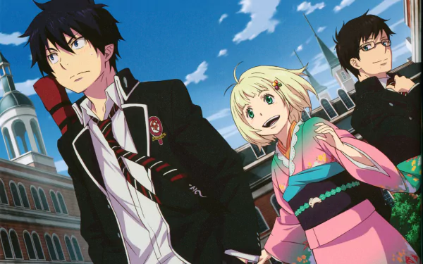 A vibrant HD wallpaper featuring Yukio Okumura, Shiemi Moriyama, and Rin Okumura from Ao No Exorcist with blue and green eyes, set against a bright sky backdrop.