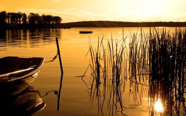 A tranquil HD nature wallpaper depicting a serene lake at sunset, with a small boat tethered near reeds. The golden glow of the setting sun reflects beautifully on the water, creating a peaceful scenic view.