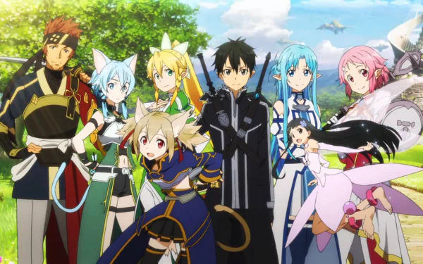 Sword Art Online II HD desktop wallpaper featuring Kirito, Asuna Yuuki, Lisbeth, Yui, Leafa, Silica, Sinon, and Klein in colorful anime attire, standing in a vibrant outdoor setting.