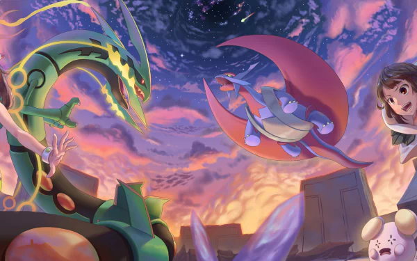 HD desktop wallpaper showing Mega Rayquaza, Mega Salamence, and Whismur from Pokémon: Omega Ruby and Alpha Sapphire, with May and Zinnia in the background during a dramatic, colorful sky scene.