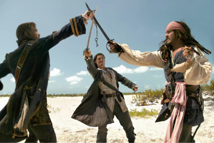 A dynamic scene from *Pirates of the Caribbean: Dead Man's Chest*, featuring James Norrington, Will Turner, and Jack Sparrow in an intense sword fight on a beach.