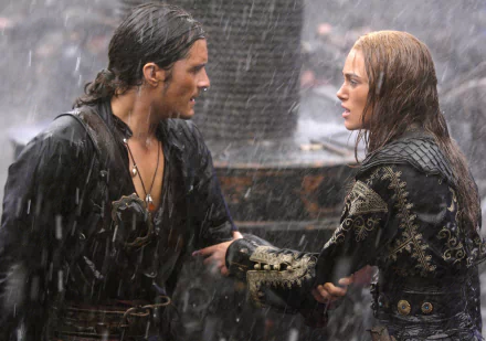 HD desktop wallpaper featuring Will Turner and Elizabeth Swann, played by Orlando Bloom and Keira Knightley, from Pirates of the Caribbean: At World's End.