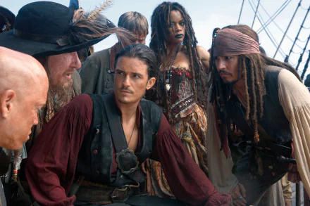 Will Turner Orlando Bloom Hector Barbossa Geoffrey Rush Jack Sparrow Johnny Depp Tia Dalma Naomie Harris movie Pirates Of The Caribbean: At World's End HD Desktop Wallpaper | Background Image