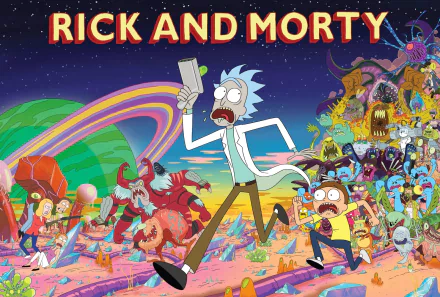 HD desktop wallpaper featuring Rick Sanchez and Morty Smith from the TV show Rick and Morty, with colorful, chaotic scenes and various characters in the background.