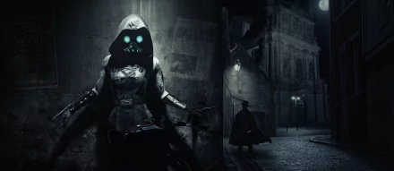 A dark, atmospheric HD wallpaper featuring a figure in a gas mask and hood against a mysterious urban backdrop, evoking a sense of intrigue and suspense.
