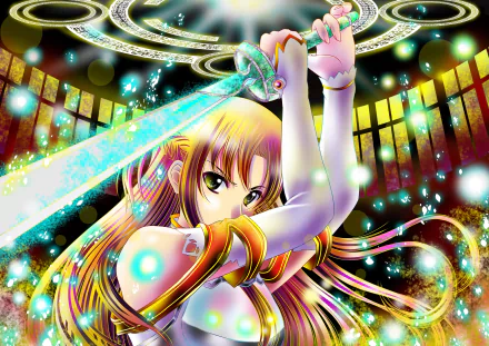 HD desktop wallpaper featuring Asuna Yuuki from the anime Sword Art Online, holding a glowing sword with a dynamic and colorful background.