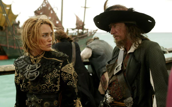 Elizabeth Swann Keira Knightley Hector Barbossa Geoffrey Rush movie Pirates Of The Caribbean: At World's End HD Desktop Wallpaper | Background Image