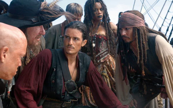 Will Turner Orlando Bloom Hector Barbossa Geoffrey Rush Jack Sparrow Johnny Depp Tia Dalma Naomie Harris movie Pirates Of The Caribbean: At World's End HD Desktop Wallpaper | Background Image