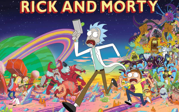 HD desktop wallpaper featuring Rick Sanchez and Morty Smith from the TV show Rick and Morty, with colorful, chaotic scenes and various characters in the background.