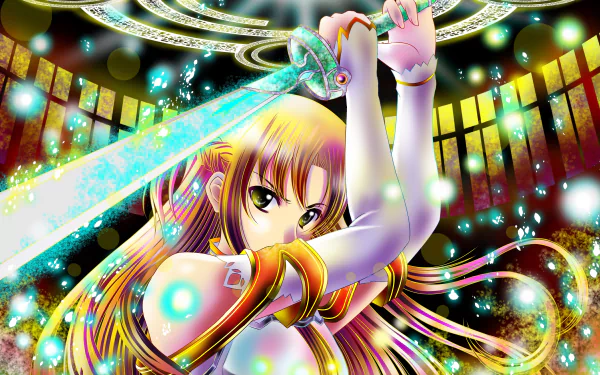 HD desktop wallpaper featuring Asuna Yuuki from the anime Sword Art Online, holding a glowing sword with a dynamic and colorful background.