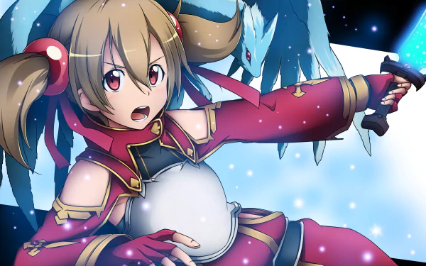 A dynamic HD wallpaper featuring Silica from Sword Art Online, wielding her sword with Pina by her side, set against a vibrant, colorful background.