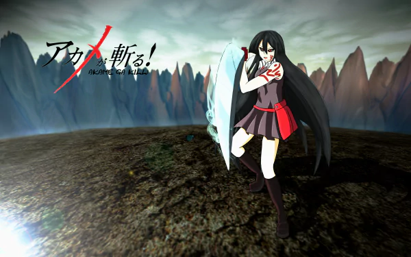 A dynamic 4K Ultra HD wallpaper featuring Akame from Akame ga Kill! showcasing her fierce stance with her signature sword against a dramatic landscape backdrop.