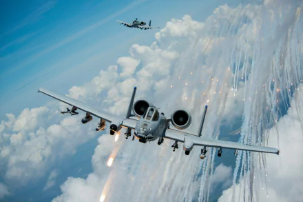 HD PC desktop wallpaper showing a military Fairchild Republic A-10 Thunderbolt II aircraft flying amid clouds and defensive flares in action.
