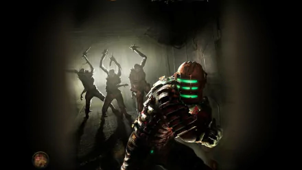 A dramatic HD wallpaper featuring Isaac Clarke from the video game Dead Space, showcasing an intense scene with eerie shadows and menacing figures in the background.