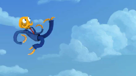 HD PC desktop wallpaper of Octodad from the video game Octodad: Dadliest Catch — a suited yellow octopus drifting across a bright blue sky with fluffy clouds.